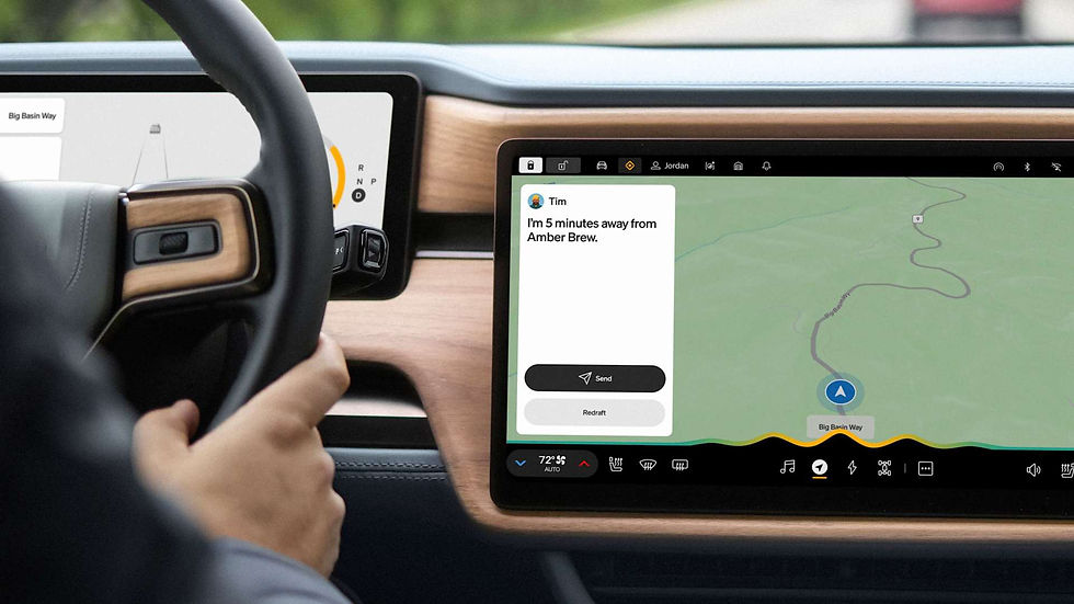 One spoken request: Rivian Assistant checks the calendar, navigates to the meeting and drafts a message with the arrival time. The driver taps once to send it. Image: Rivian.